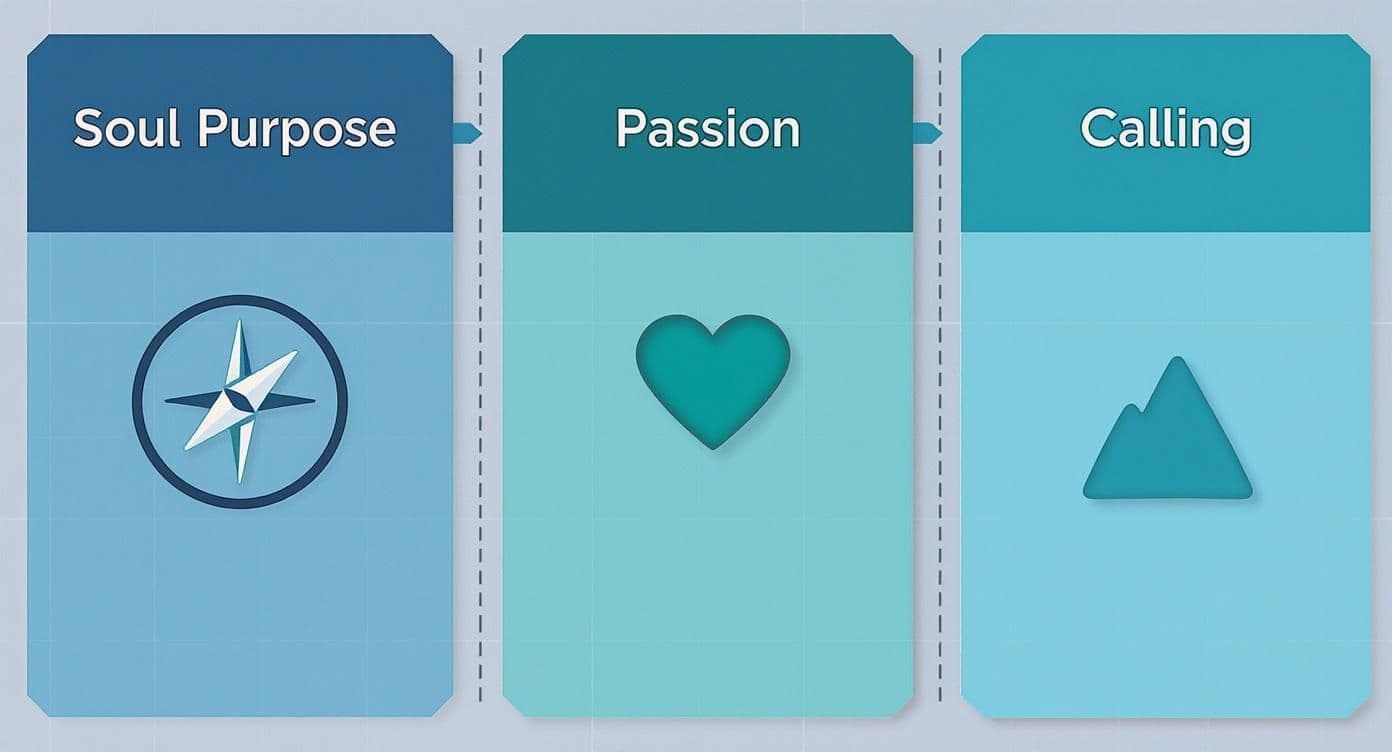 Three cards depict Soul Purpose with a compass, Passion with a heart, and Calling with mountains.