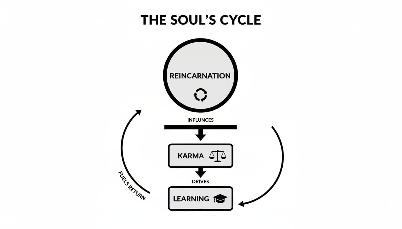 A diagram illustrating 'The Soul's Cycle' with reincarnation influencing karma and learning in a continuous loop.