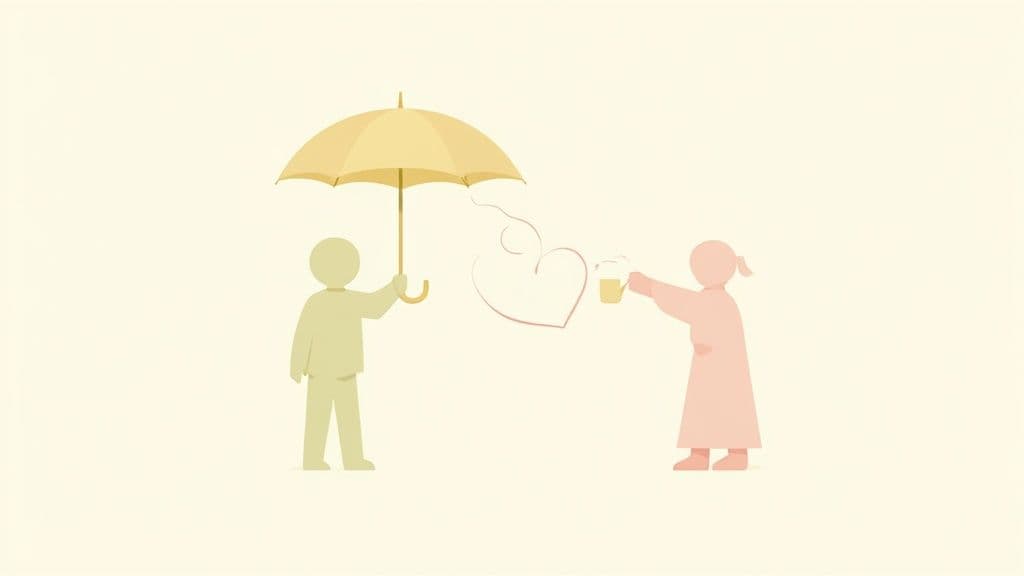 A minimalist illustration shows a person holding an umbrella, while another offers a drink with a heart, symbolizing care and mutual support.