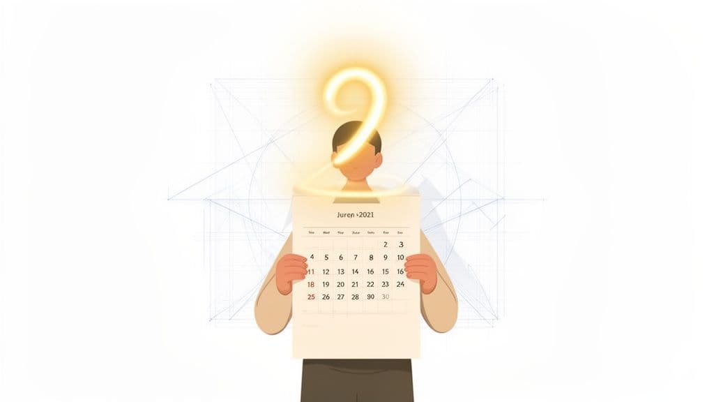 Illustration of a man holding a June 2021 calendar, with a glowing question mark overhead, signifying future uncertainty.