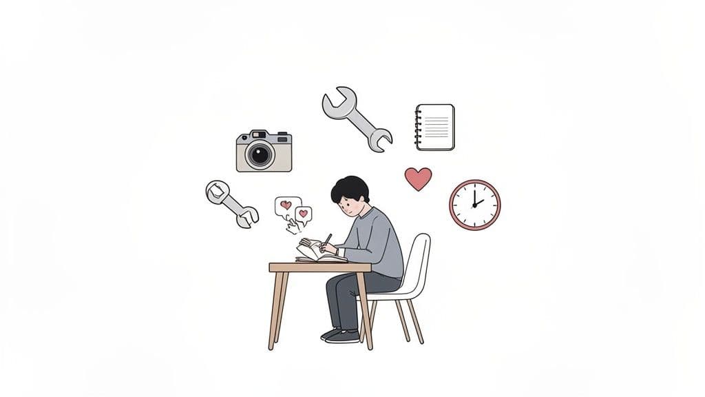 A young man sits at a desk writing in a notebook, surrounded by icons of tools, creativity, and time.