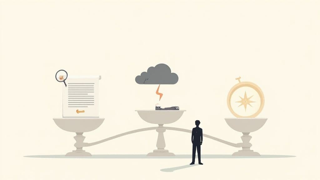 A person stands at a crossroads, with one path leading into a dense forest and the other toward a bright, clear horizon.