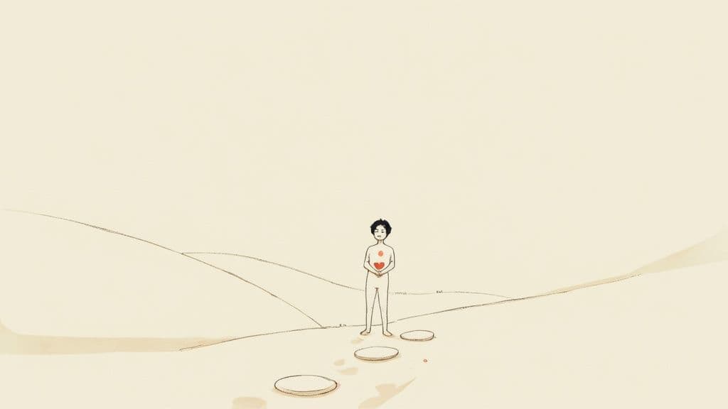 Minimalist illustration of a person with a red heart, standing on stepping stones in a simple landscape.