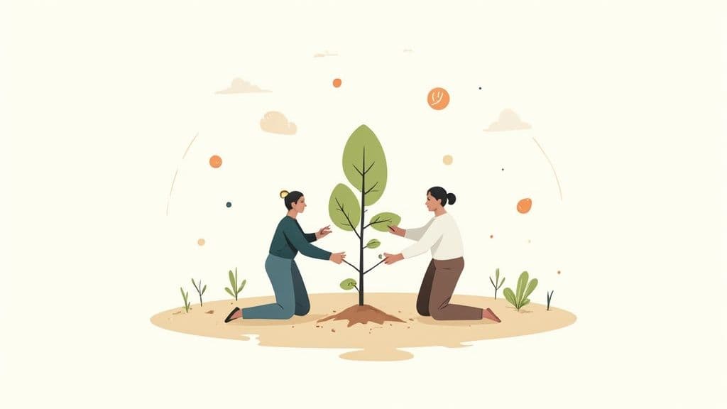 Two women kneeling, gently planting a young tree together, symbolizing environmental care and cooperation.