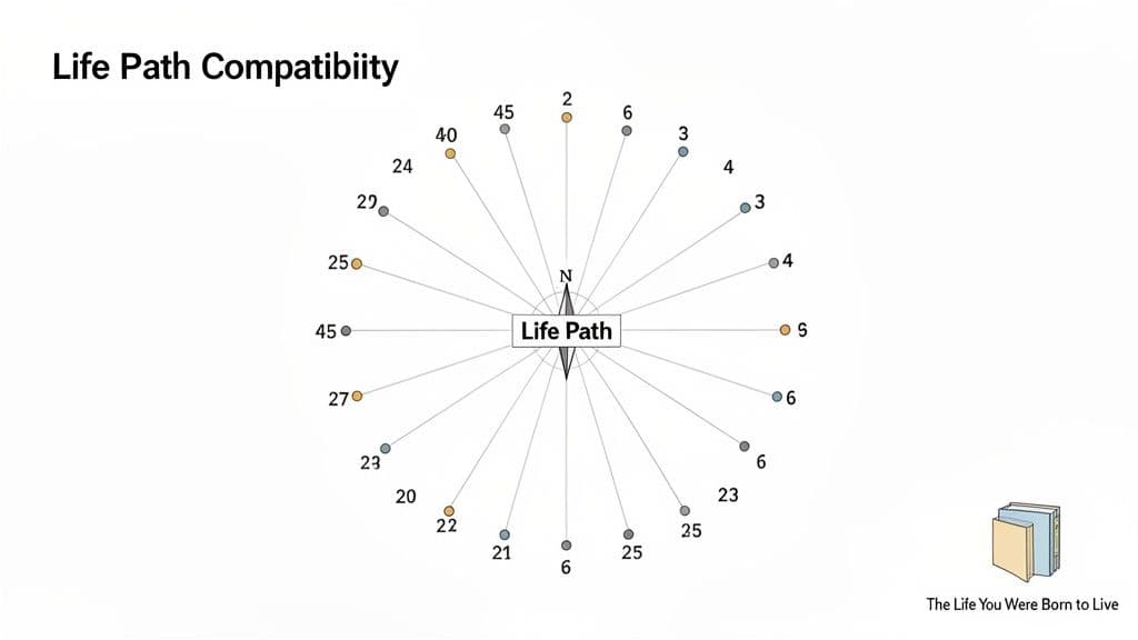 Life Path Compatibility chart displaying various numbers with colored dots, arranged around a central compass.