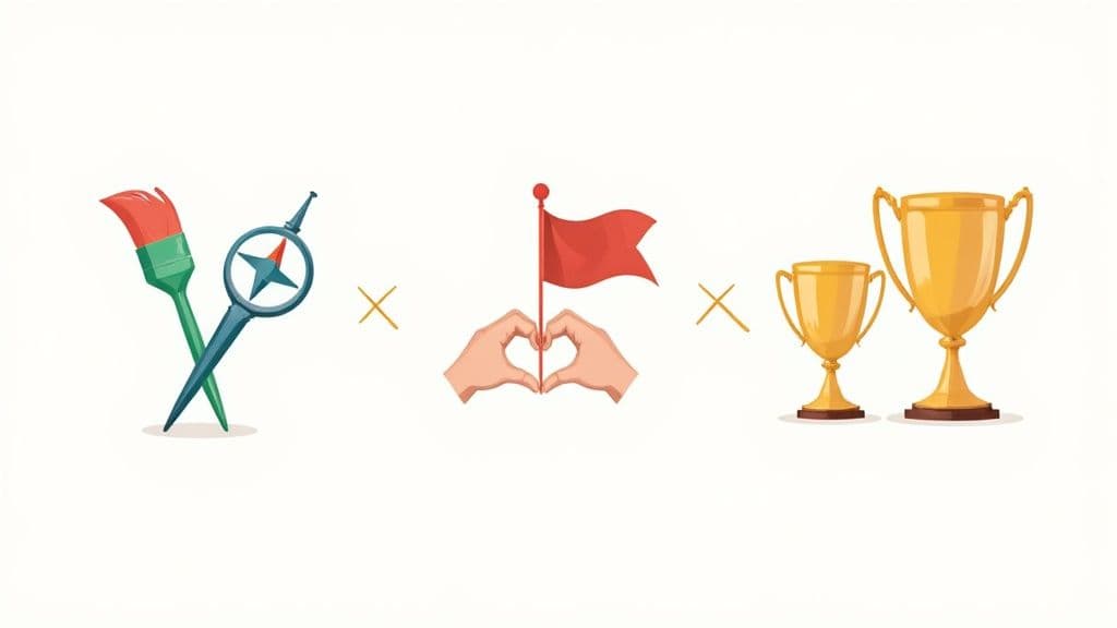 Artistic tools, red flag with hands forming heart, and golden trophies representing relationship success factors