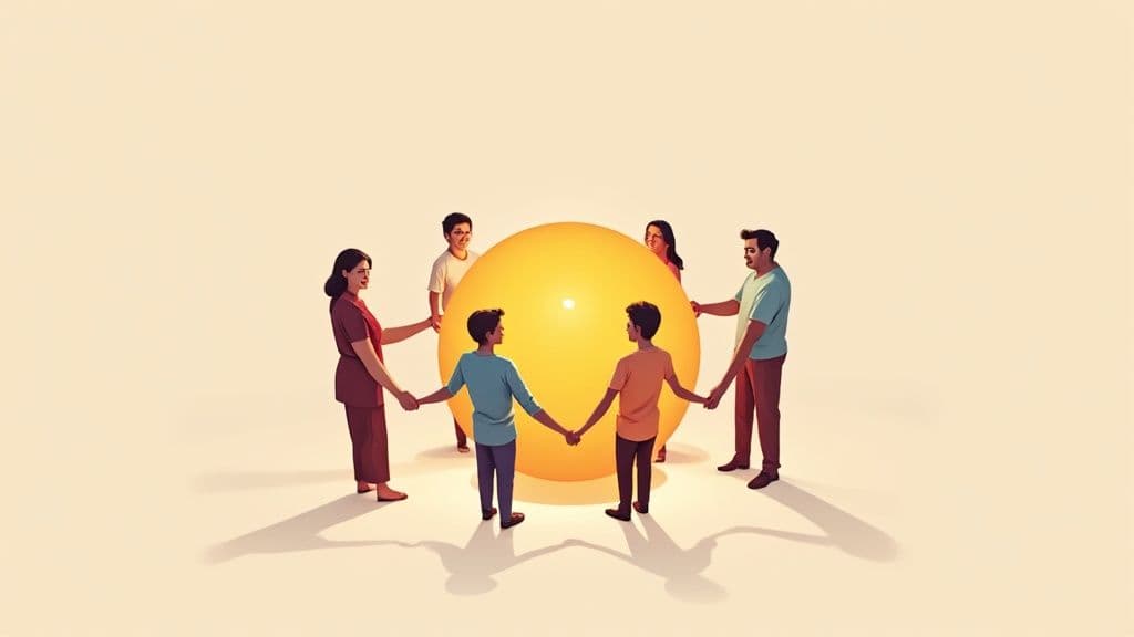 A diverse group of friends laughing together outdoors, conveying a sense of community and connection.