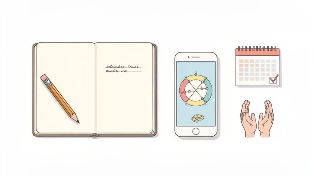 A flat lay of self-realization tools: an open notebook with pencil, smartphone app, calendar, and open hands.