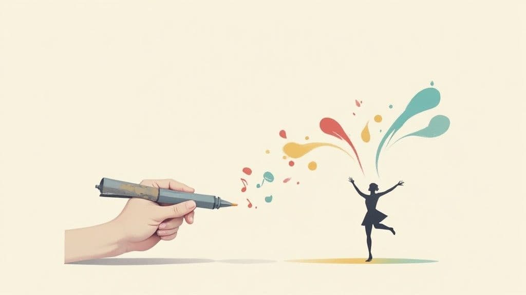 Creative illustration of a hand with a marker producing vibrant artistic elements and music for a dancing woman.