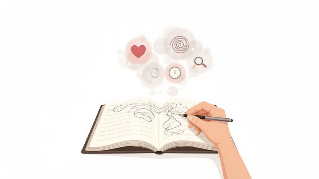A hand writes in a notebook with thought bubbles illustrating emotions, time, and focus.
