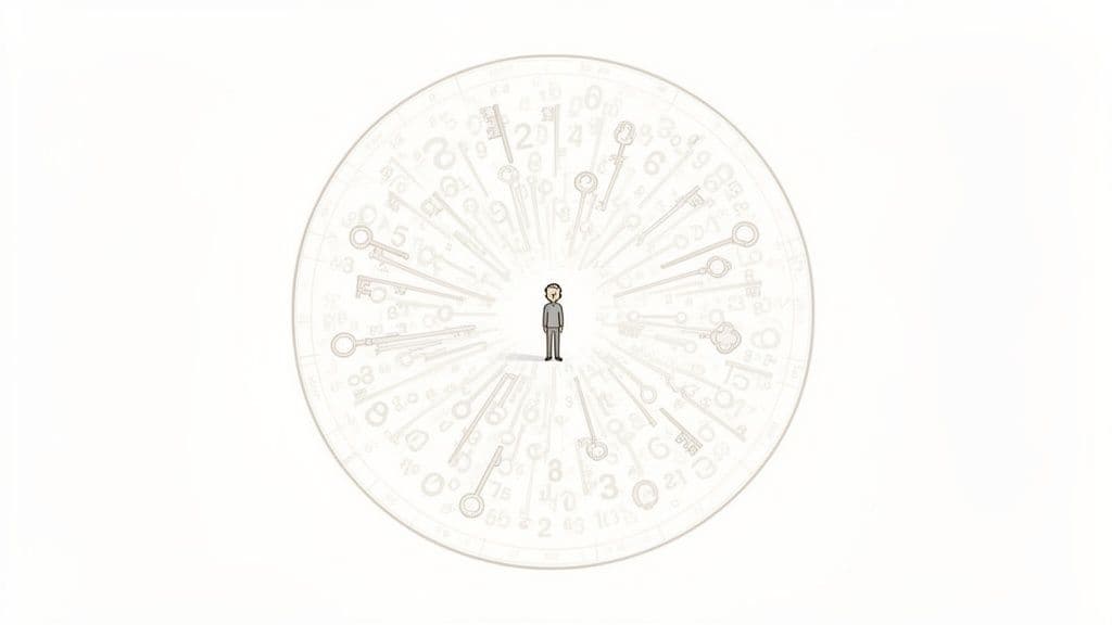 A man stands centered in a circular diagram, surrounded by many radiating keys and numbers.