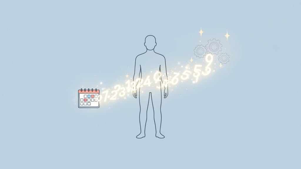 An outline of a person with glowing numbers flowing from a calendar towards gears, symbolizing life calculations.
