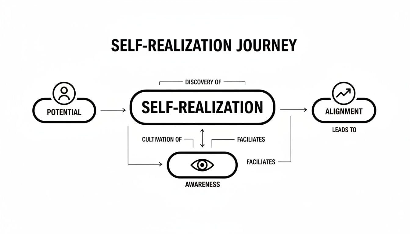 A diagram illustrates the self-realization journey, connecting potential, self-realization, awareness, and alignment.