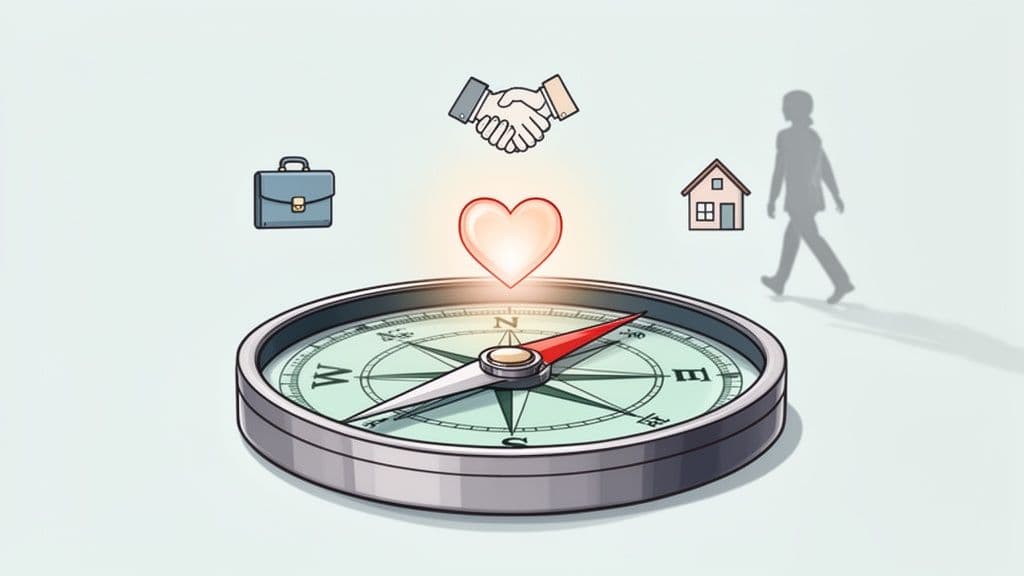 A compass points to a glowing heart, symbolizing guidance for life's journey, career, home, and relationships.