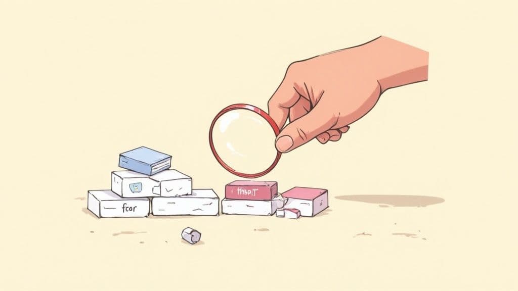 Hand holding magnifying glass examining building blocks representing code analysis and implementation review