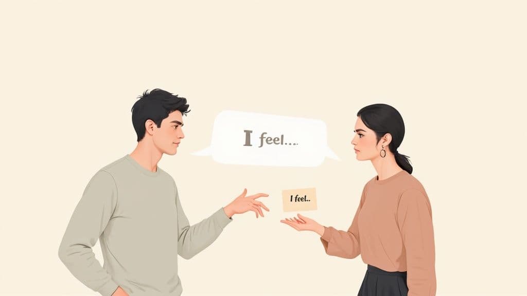 Illustration of a man and woman communicating, both expressing 'I feel' to share emotions.