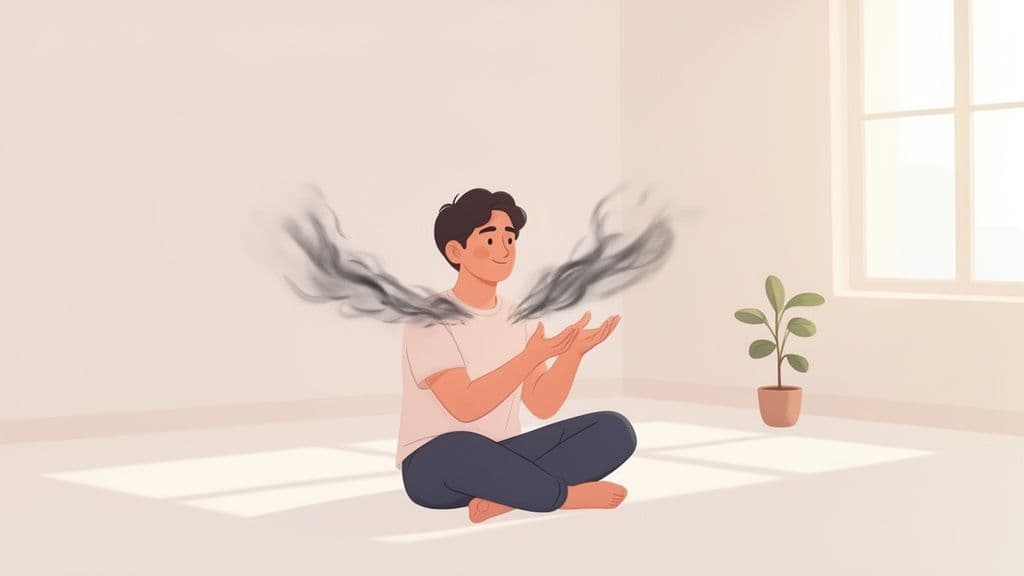A man meditates, releasing dark, smoky energy from his body in a bright room.