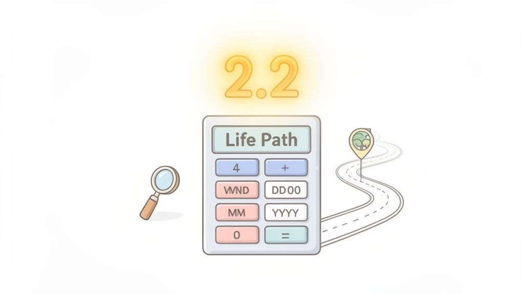 A calculator displaying 'Life Path' with '2.2' glowing above, alongside a magnifying glass and a winding road map pin.