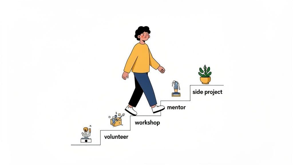 A person walks up steps labeled volunteer, workshop, mentor, and side project, showing career progression.