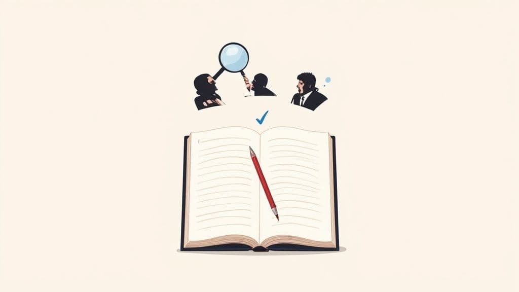 Illustration of people investigating with a magnifying glass, leading to writing in an open book with a pencil.