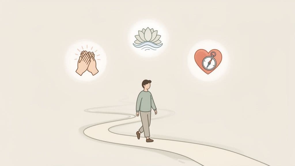 A person on a winding path, surrounded by symbols of self-realization: clapping hands, a lotus, and a heart-compass.