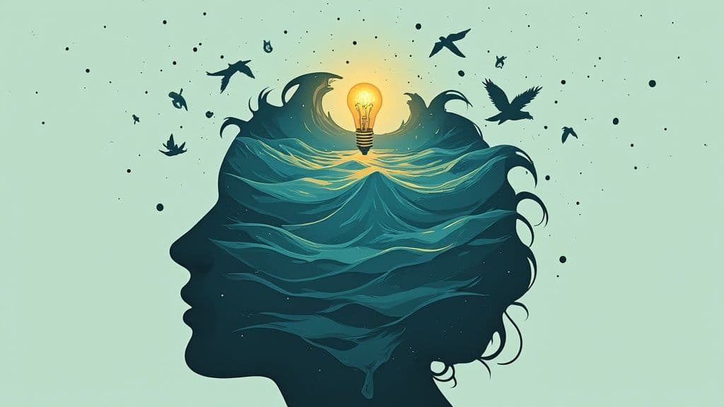 Abstract image of a human head silhouette filled with ocean waves and a glowing light bulb.