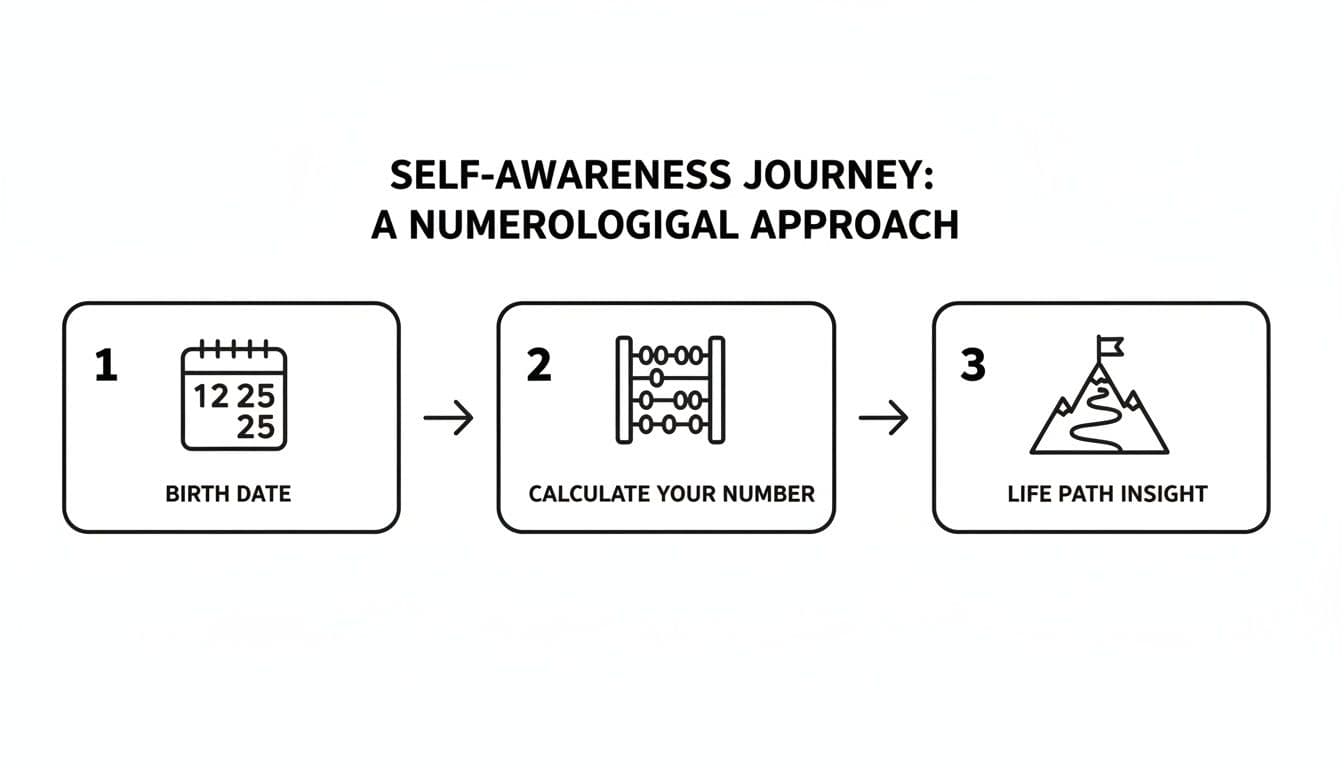 Diagram showing a 3-step numerology journey: birth date, calculate number, life path insight.