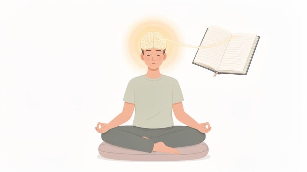 A person meditating in lotus position with a glowing brain connected to an open book, symbolizing knowledge and mindfulness.