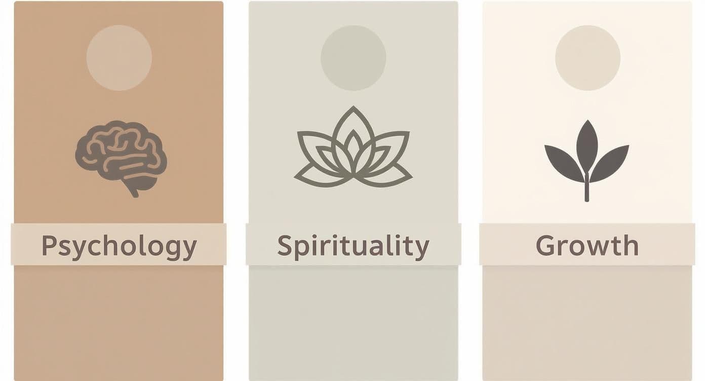 Three cards depict Psychology (brain), Spirituality (lotus), and Growth (plant leaves) concepts.