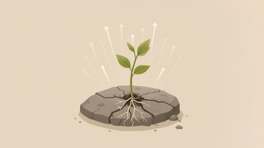 A resilient green plant with roots breaking through cracked, dry ground, surrounded by upward arrows.