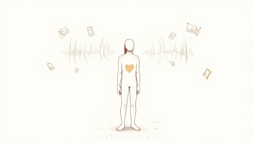 A minimalist illustration of a person with a yellow heart, surrounded by sound waves and distracting electronic devices.