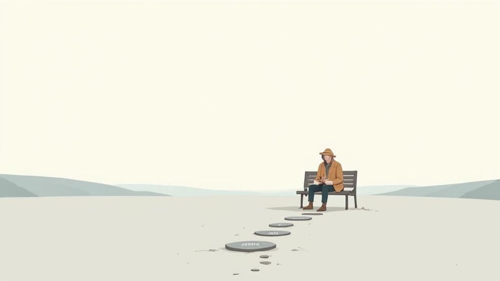 A person sitting on a dock looking out over a calm lake at sunrise, contemplating life.