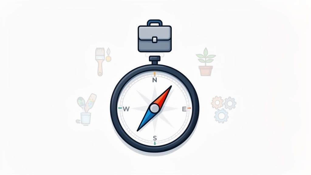 A compass with a briefcase on top, surrounded by faint icons representing work, creativity, and growth.