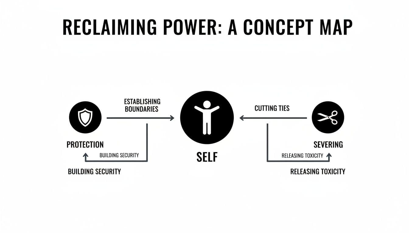 Concept map illustrating reclaiming personal power through protection, boundaries, severing ties, and releasing toxicity.