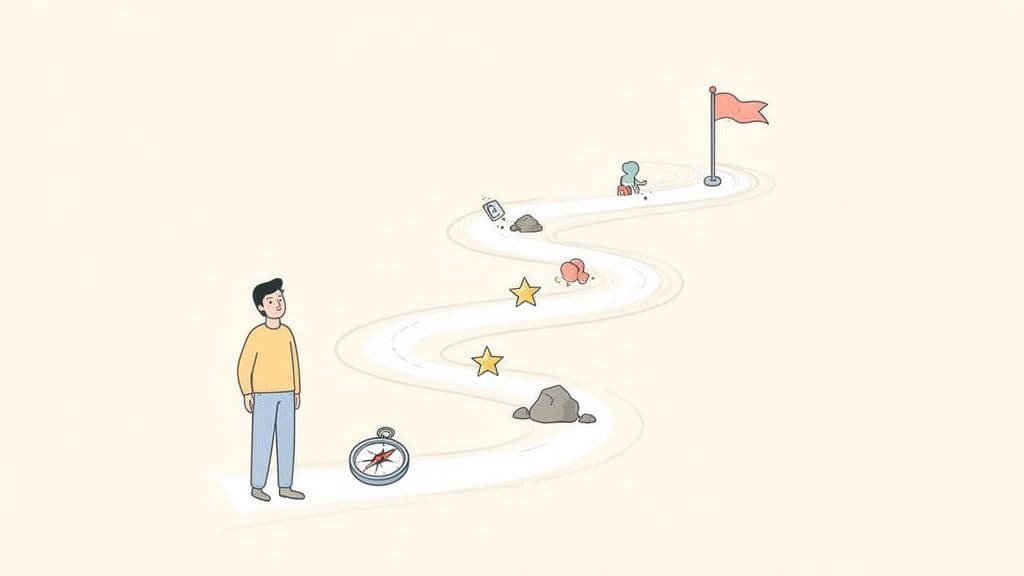 A man with a compass at the start of a winding path towards a flag.