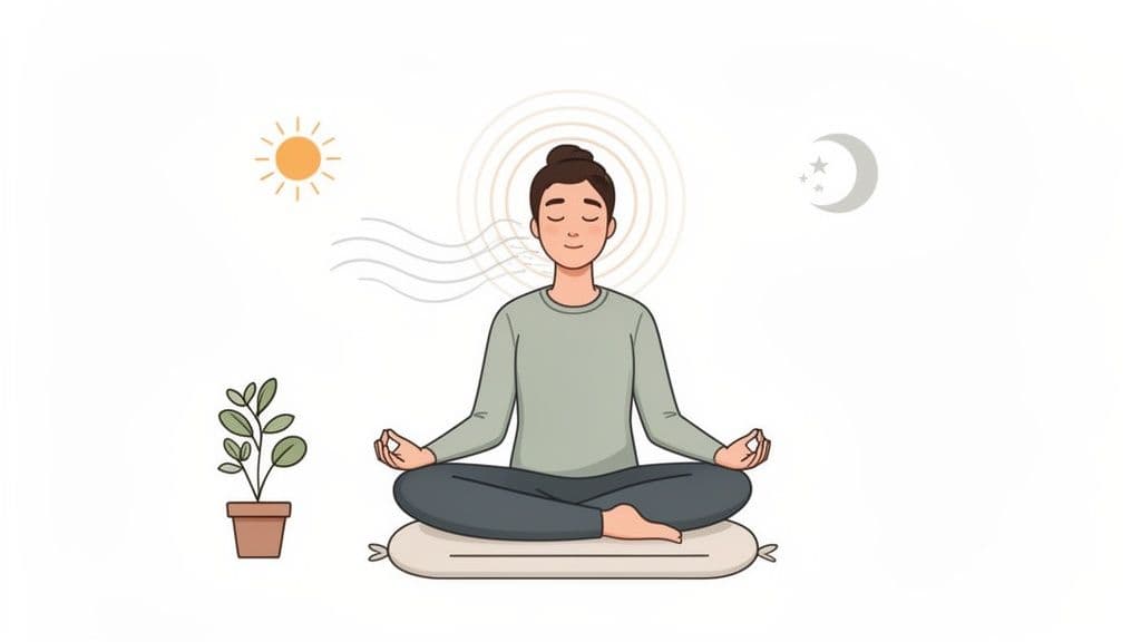 Illustration of a person meditating peacefully in a lotus position, surrounded by nature and day/night symbols.