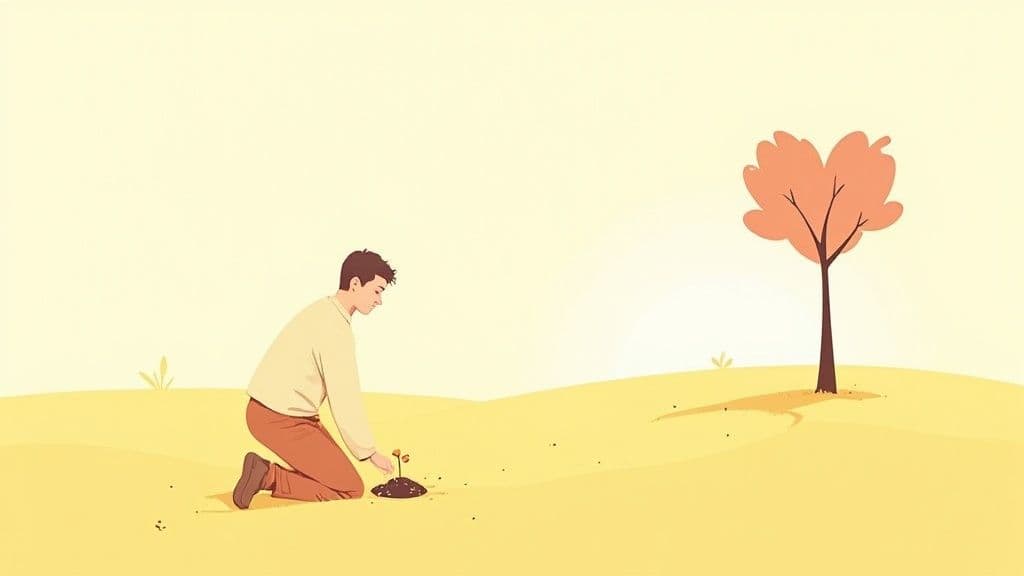 A man kneels on dry yellow ground, gently planting a small sprout in a mound of soil.