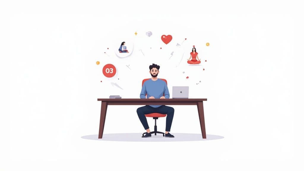 Woman journaling at a desk with a laptop and coffee