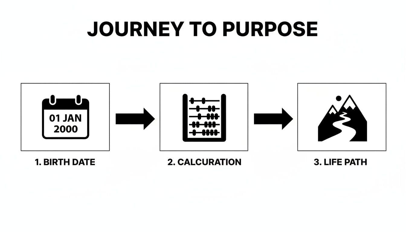 A three-step diagram showing the journey to purpose: birth date, calculation with an abacus, leading to a life path depicted by mountains and a winding road.