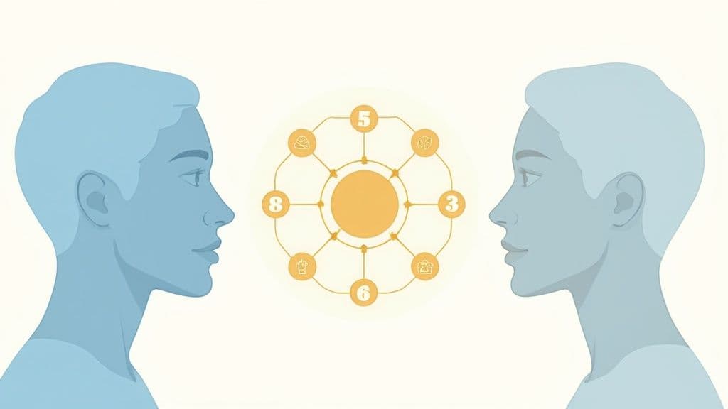 A person looking through a magnifying glass at a blueprint, symbolizing a detailed look at relationship patterns.