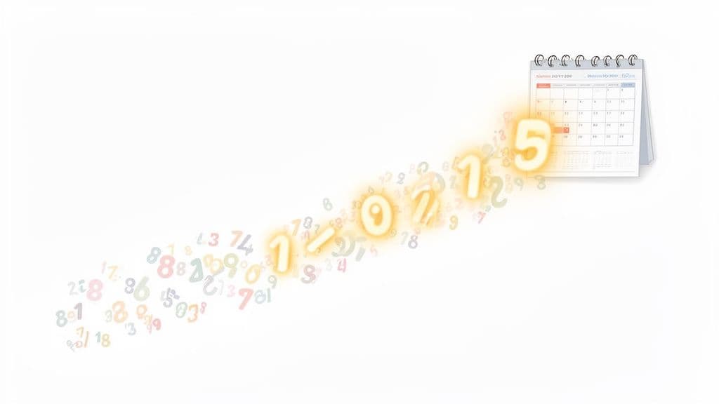 A calendar with a glowing '15' and a trail of glowing numbers '1-0-2-1' leading to it, signifying a date.