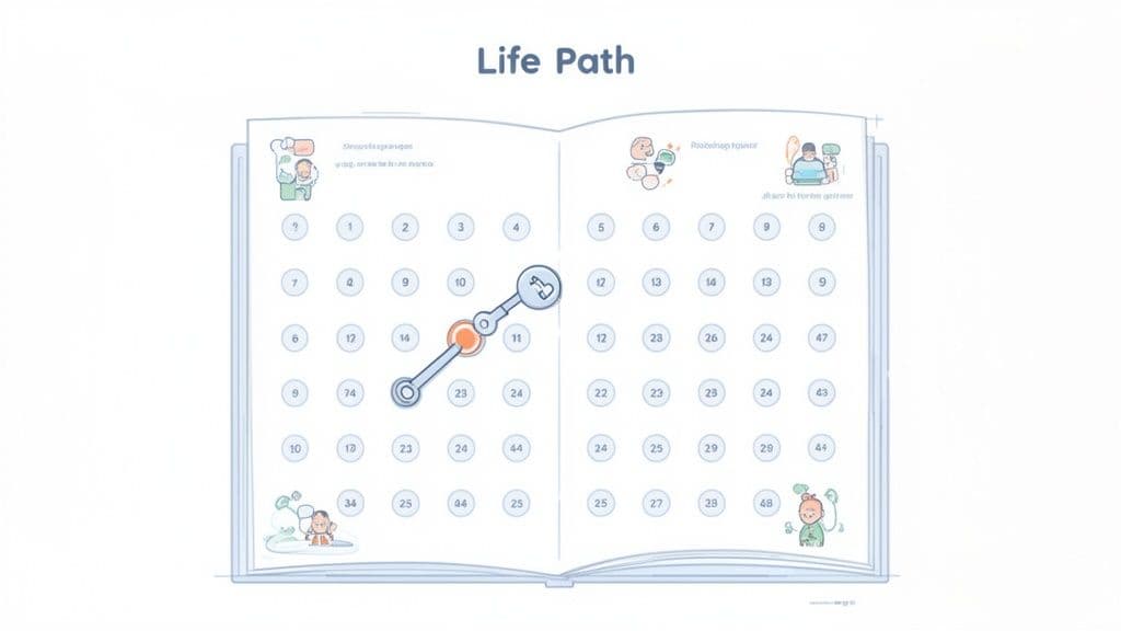 An open book titled ‘Life Path’ displaying a numbered grid and a key-shaped path.