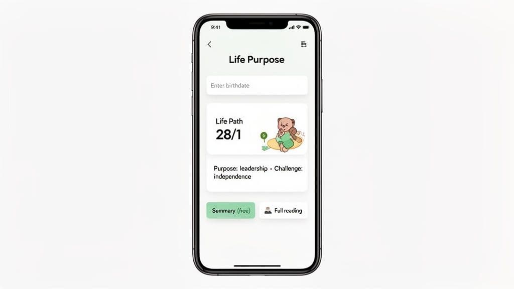 An iPhone displaying a 'Life Purpose' app screen showing a 'Life Path 28/1' result.