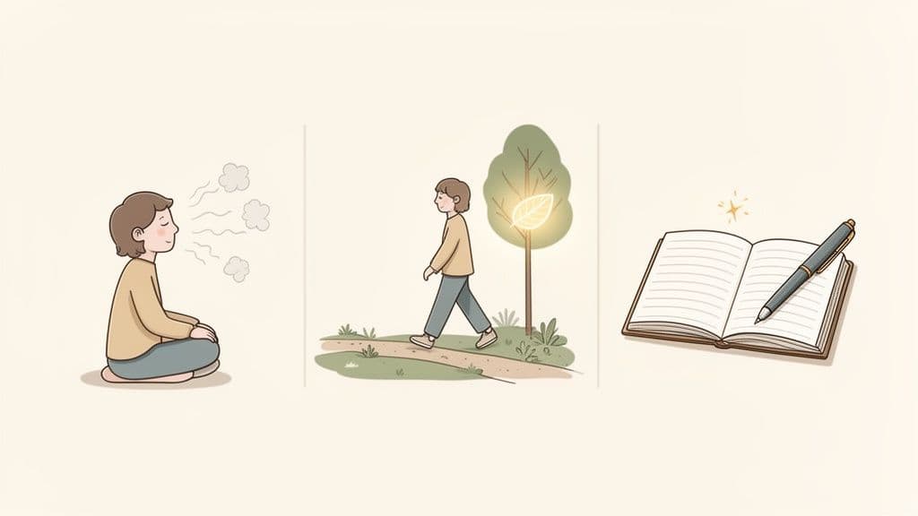 Three illustrations: person meditating, walking outdoors, and journaling, symbolizing self-care and mindful practices.