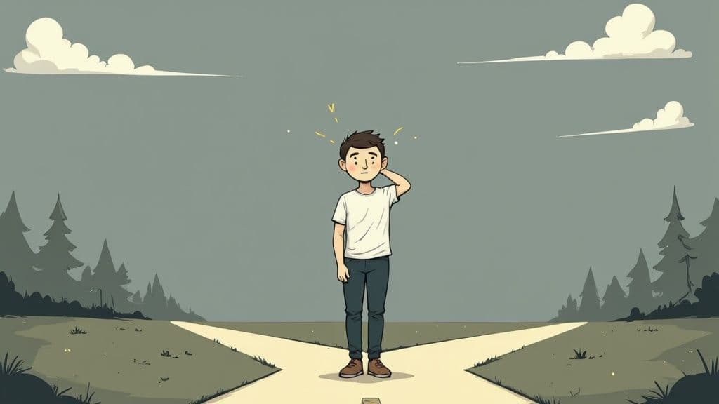 A person sitting on a dock looking thoughtfully at a misty lake and mountains.