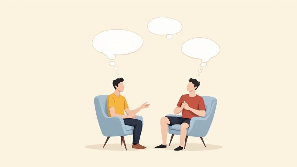 Two people sitting across from each other at a wooden table, engaged in a deep and reflective conversation, with soft light coming from a nearby window.