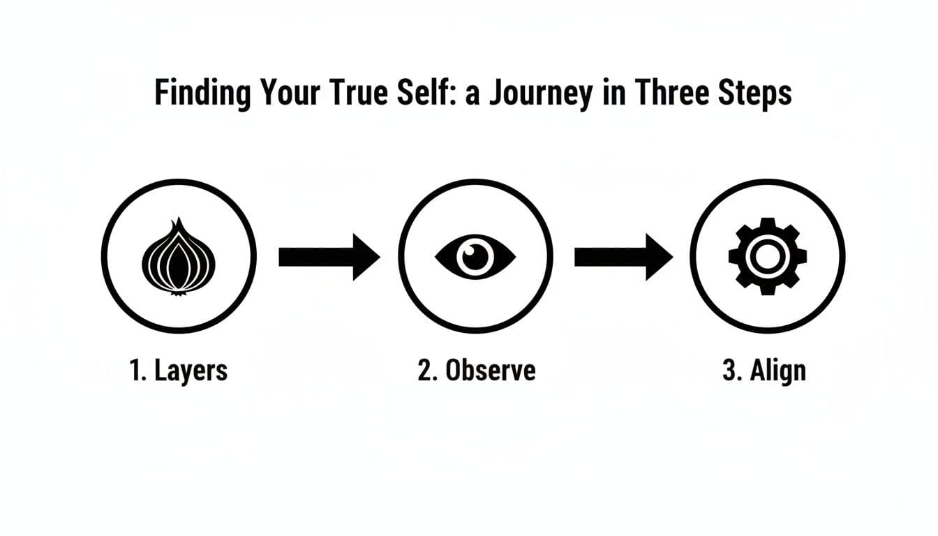 A three-step process diagram illustrating how to find your true self: Layers (onion), Observe (eye), and Align (gear).