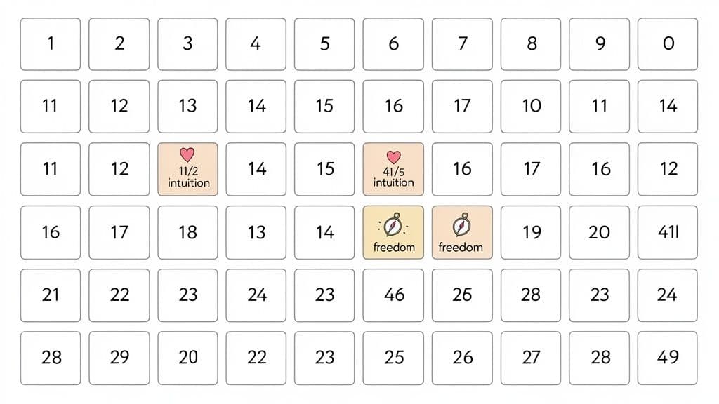 A numerology chart showing a grid of numbers, some with intuition and freedom attributes.