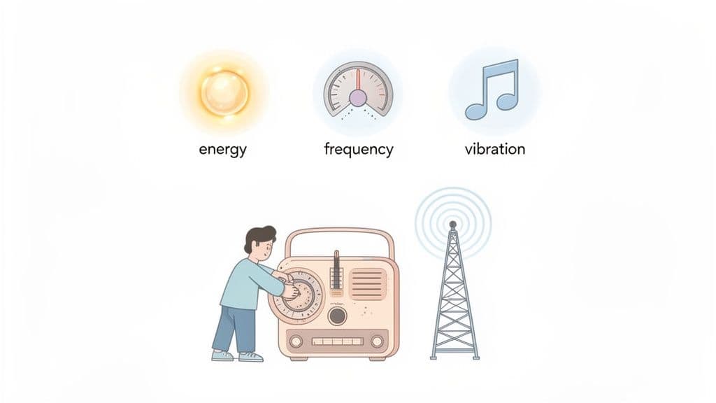 A person tunes an old radio, with icons representing energy, frequency, and vibration, next to a radio tower.