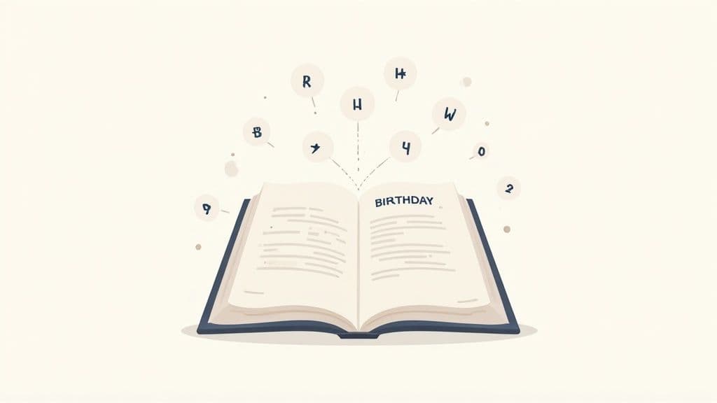 An open book titled ‘BIRTHDAY’ with letters and numbers floating above, symbolizing personal insights.